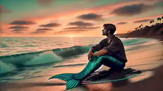 Julián se sienta junto a la orilla al atardecer, reflexionando en paz sobre su viaje y su identidad.