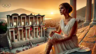 Elara en los escalones del Templo de Artemisa, reflexionando sobre sus experiencias al caer el atardecer.