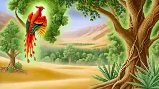 El Fénix se posó en el bosque sagrado, rodeado de frondosos árboles de incienso y con las arenas del desierto a lo lejos.