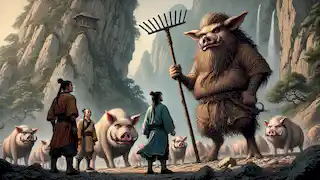 Zhu Bajie sostiene su gran azadón frente a una cueva mientras Xuanzang y Sun Wukong observan.
