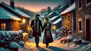 Pilar y su compañero caminan por un pueblo cubierto de nieve al anochecer, con casas tradicionales iluminadas con una cálida luz.