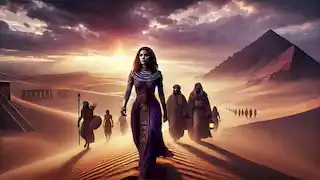 Meret-Ka guiando a sus seguidores a través del desierto hacia el Valle de los Reyes.