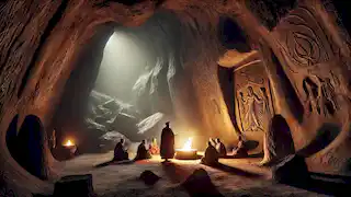 Sacerdotes zoroastrianos realizando rituales junto a un fuego sagrado dentro de una cueva antigua, con grabados tenues en las paredes.