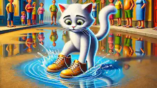 Las zapatillas de Pete vuelven a ser blancas después de que él pisa un charco de agua, lavando todos los colores.