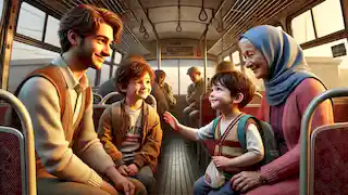 Amir sorri para uma mãe e seu filho que estão subindo no ônibus; sua avó oferece um pequeno presente para a mãe.