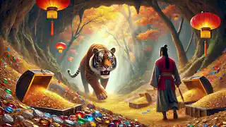 El tigre lleva a Jin a la cueva oculta llena de tesoros.