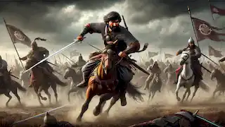 Alpamysh lucha con ferocidad en el campo de batalla, liderando a sus guerreros en un enfrentamiento contra el ejército de Taychihan.