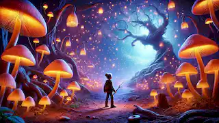 Mateo se encuentra en un paisaje resplandeciente y onírico junto al Duende, rodeado de plantas místicas y luces.