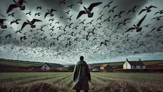 Nat observa con preocupación cómo los pájaros se aglomeran sobre los campos cercanos a su aldea costera, llenando el cielo de manera ominosa.