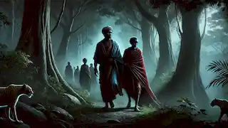 Sunjata Keita y su madre en el exilio, caminando a través de un denso bosque con algunos leales seguidores bajo la luz de la luna.
