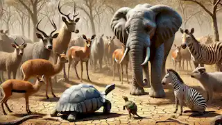 Ijapa escuchaba a un grupo de animales africanos, entre ellos un elefante, discutiendo sobre una tierra lejana.