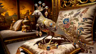 El ruiseñor artificial, adornado con joyas, reposaba sobre un cojín de seda junto a la cama del emperador.
