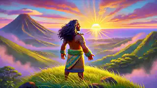 Maui observa el amanecer en paz después de soltarlo, de pie en la cima de una colina rodeado de un paisaje sereno.