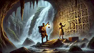 Rafael e Isabel descubren una misteriosa cueva con antiguas tallas iluminadas por una linterna.