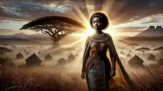 Naledi, empoderada por la magia del árbol, regresa a la aldea de Ekuseni con el sol de la mañana elevándose detrás de ella.