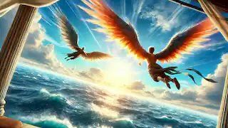 Dédalo e Ícaro volando sobre el mar con alas de plumas, Ícaro se eleva más alto, lleno de euforia.