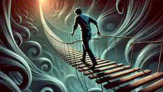 Arman cruza un puente oscilante hecho de sombras, mientras figuras oscuras se extienden hacia él desde el abismo que lo separa.