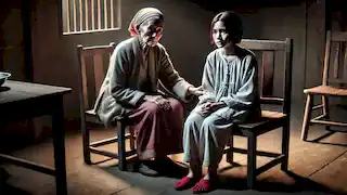 Uma mulher idosa com um machado, se preparando para cortar os pés de Karen para remover os sapatos vermelhos amaldiçoados.