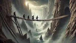 Tres hermanos cruzan con cuidado un inestable puente de madera sobre un profundo abismo, rodeados de nieblas que giran a su alrededor.