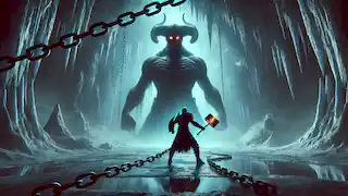 Arash, con un martillo resplandeciente, se enfrenta al demonio encadenado Ahriman en el interior de una vasta caverna helada en el Monte Damavand.