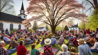 Eine Versammlung der Gemeinde unter dem blühenden Blumen-Hartriegel während eines Frühlingsfestes, mit einer nahegelegenen Kirche.