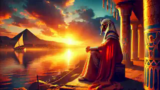 Khem sentado junto al río Nilo al atardecer, contemplando el horizonte, sumido en sus pensamientos tras su viaje.
