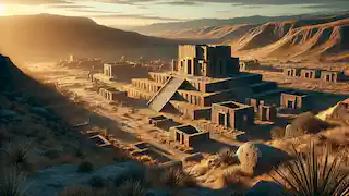 Las ruinas de la ciudad de Tiwanaku, con vegetación exuberante y estructuras de piedra bajo un sol poniente.