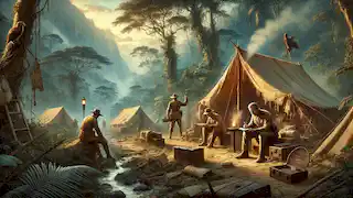 Fawcett y su hijo se preparan para la última etapa de su expedición en su último campamento en la selva amazónica.