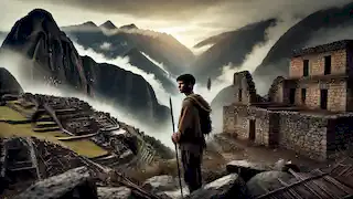 Un guerrero chachapoya se erige solemnemente, contemplando las ruinas de Kuélap tras su caída.