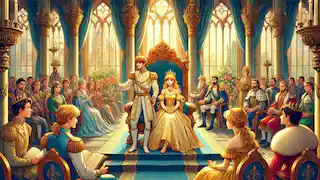 Rapunzel y el príncipe gobernando desde un gran salón del trono, rodeados de consejeros y súbditos.
