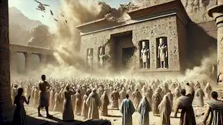 Los sacerdotes y los ciudadanos observan con horror como el sagrado templo de Waset se desmorona, simbolizando el colapso del orden y el equilibrio.