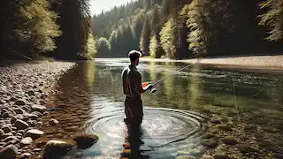 Um homem em pé em águas rasas, lançando uma linha de pesca em um rio claro, cercado por árvores e pedras.