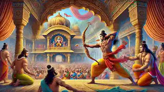 Rama levantando y rompiendo el poderoso arco del Señor Shiva durante el swayamvara de Sita.