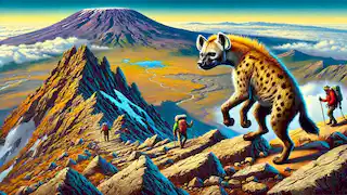 Mwizi subiendo las empinadas laderas del Monte Kilimanjaro, acompañado de otros escaladores, con la sabana al fondo.