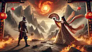 La Princesa del Abanico de Hierro se enfrenta a Sun Wukong en un tenso enfrentamiento al borde de las Montañas Llameantes.