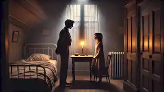 Winston y Julia se encuentran en secreto en una pequeña habitación tenue encima de una tienda, mirándose el uno al otro con una mezcla de miedo y esperanza.