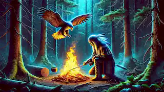Der Blaue Adler entfacht ein kleines Feuer in einem dunklen Wald, um die schelmischen Geister zu vertreiben.