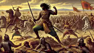 La Batalla de Kirina, donde Sundiata lidera sus fuerzas contra el ejército de Sumanguru en un vasto campo de batalla.