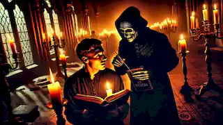 Una figura espectral y oscura susurra secretos prohibidos a Lukas a la luz de las velas.