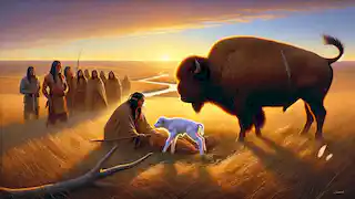 Um bezerro de búfalo branco se aproxima de sua mãe nas Grandes Planícies, enquanto o povo Lakota observa com admiração ao amanhecer.