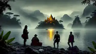 Rodrigo y sus hombres contemplan un templo dorado en una isla en medio de un lago brumoso.