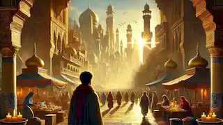 La grandiosa ciudad de Ubar con sus calles doradas, imponentes minaretes y un bullicioso mercado bajo el sol.
