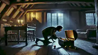Henry se escabulle en la casa de Jacob por la noche, observando el cofre de huevos de oro a la luz tenue de la luna.