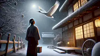Takashi observa cómo una grúa se aleja volando hacia el cielo nocturno desde fuera de su hogar cubierto de nieve.