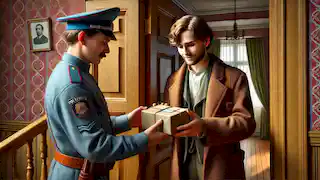 Kovalyov recibe un paquete de un oficial de policía en la puerta de su apartamento; dentro está su nariz desaparecida.