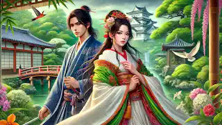 Genji y la Dama Rokujo en un dramático entorno de jardín.