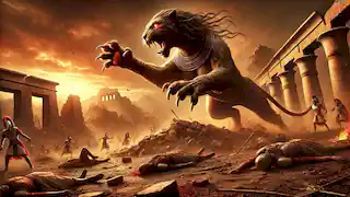 Sekhmet desata su ira en un antiguo campo de batalla egipcio, con soldados caídos y el desierto ardiendo bajo un cielo rojo.