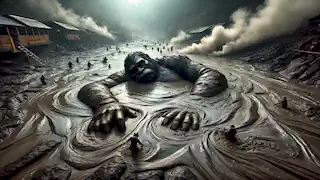 Buto Ijo hundiéndose en un gigantesco pantano de barro burbujeante, mientras Timun Mas observa desde una distancia segura.
