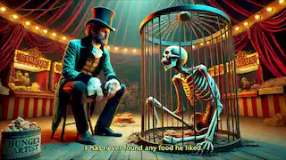 El encargado del circo se acerca al débil artista del hambre, quien yace en una jaula, y le explica su motivo para ayunar.