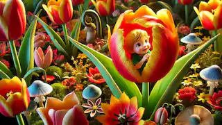 Pulgarcita asoma desde una flor de tulipán, rodeada de vibrantes flores de jardín.
